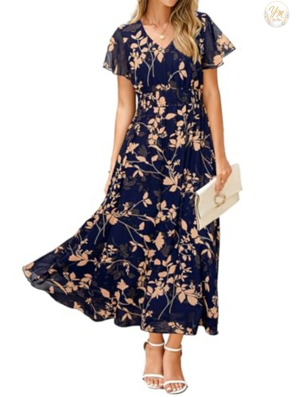 Women's Floral Maxi Dress - Short Sleeve Boho Empire Waist Chiffon Summer